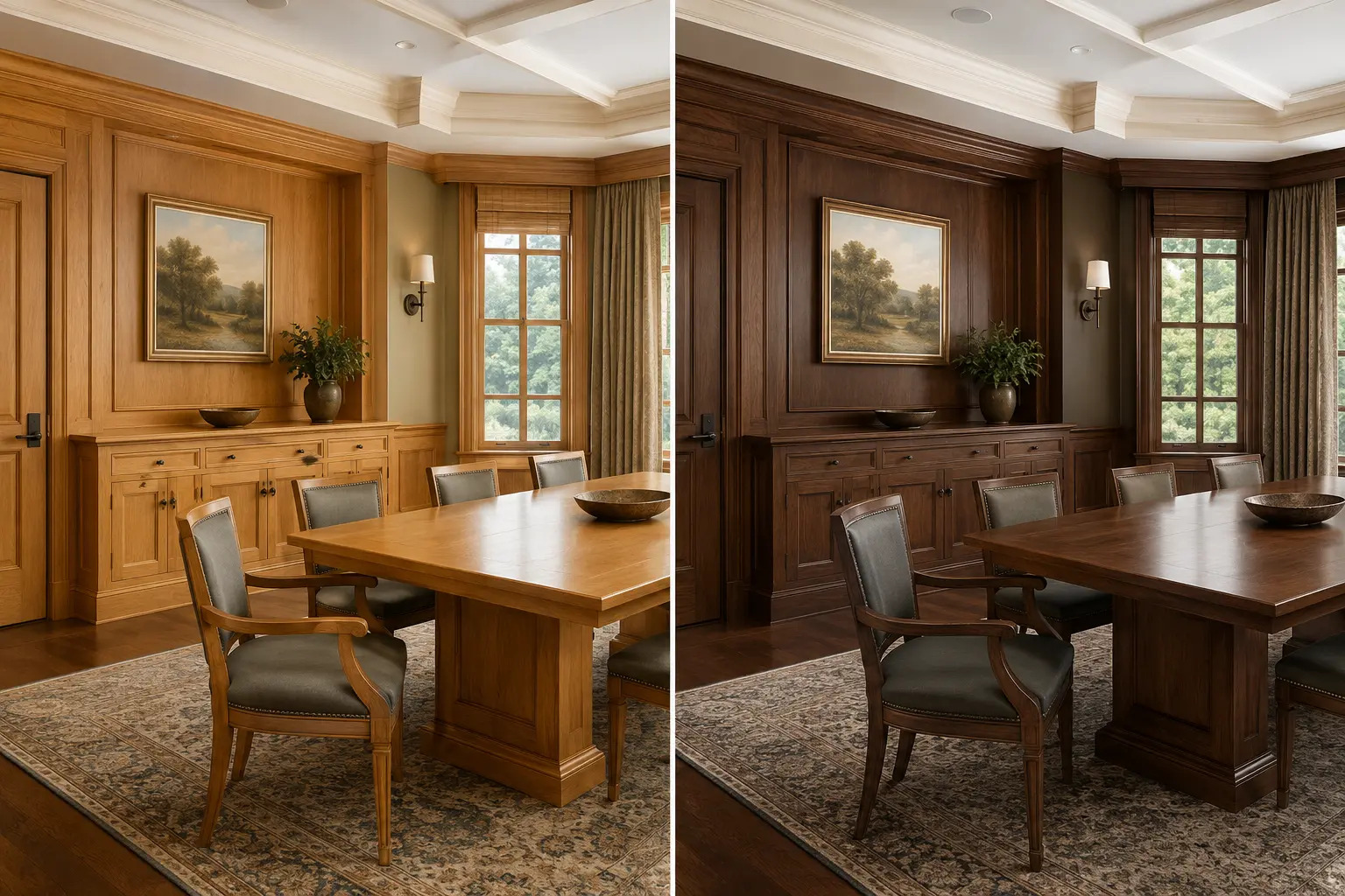 The same commercial interior before and after its existing wood furniture is refinished